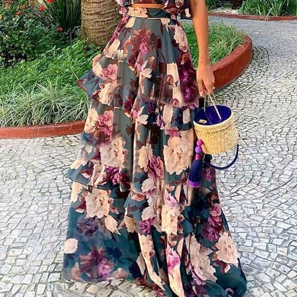 Multicolor Floral Print cropped top & maxi skirt coord set  Spring/Summer - Picture 6 of 9